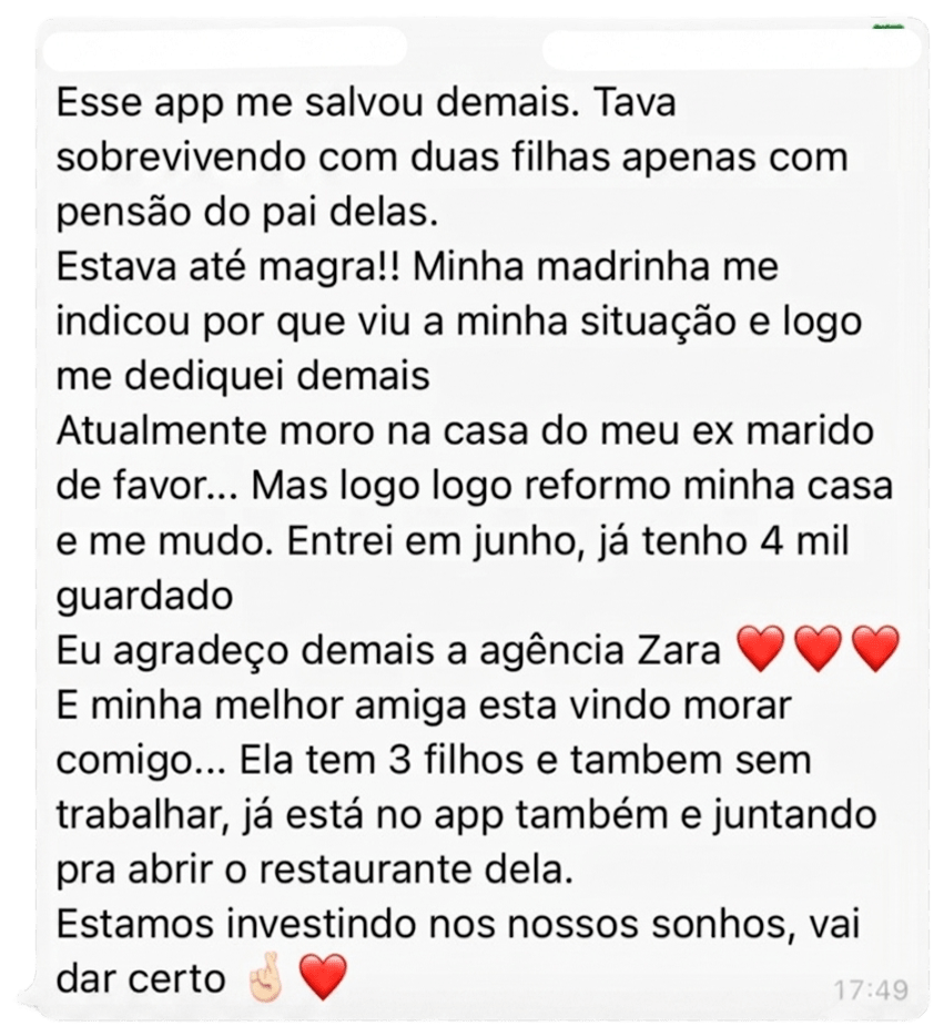 Print anonimizado de depoimento sobre resultados no app