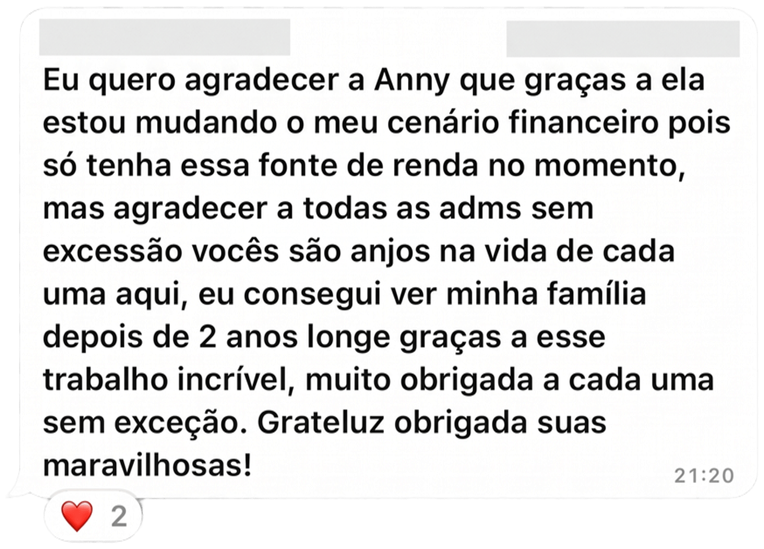 Print anonimizado de depoimento de agradecimento pelo app